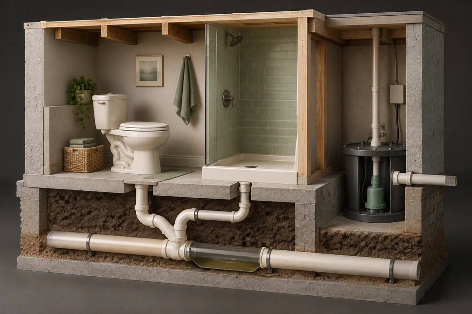 Conceptual illustration of lowest fixtures · shared drain · main-line evidence