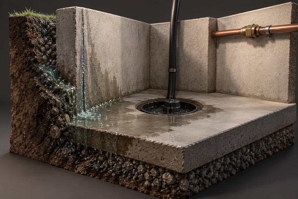 Conceptual illustration of drain backup · foundation seepage · supply leak